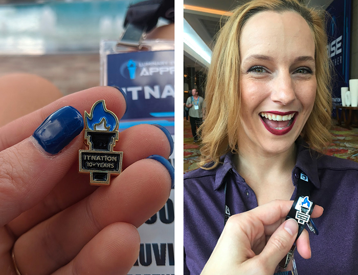Auvik Partner Programs Manager Ashley Cooper with her 10+ year attendance badge at IT Nation Connect 2019