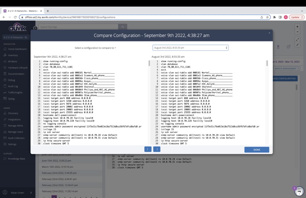 tracking configuration changes in Auvik