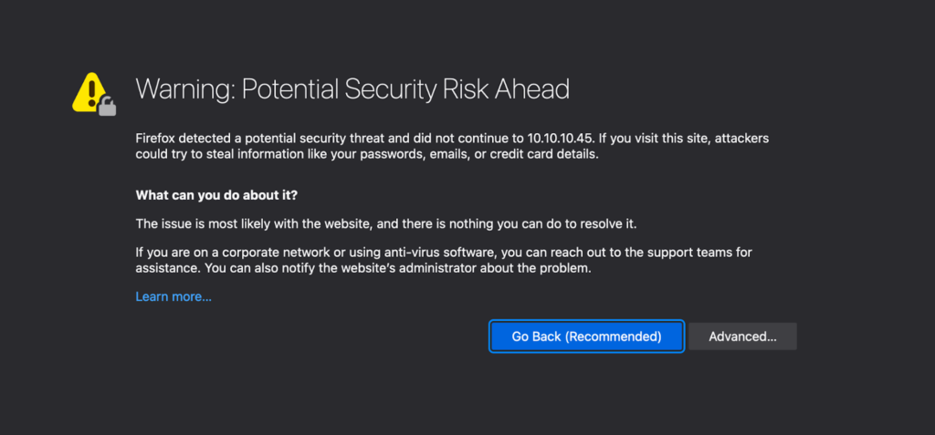 Web browser security risk warning dialogue for TLS inspection