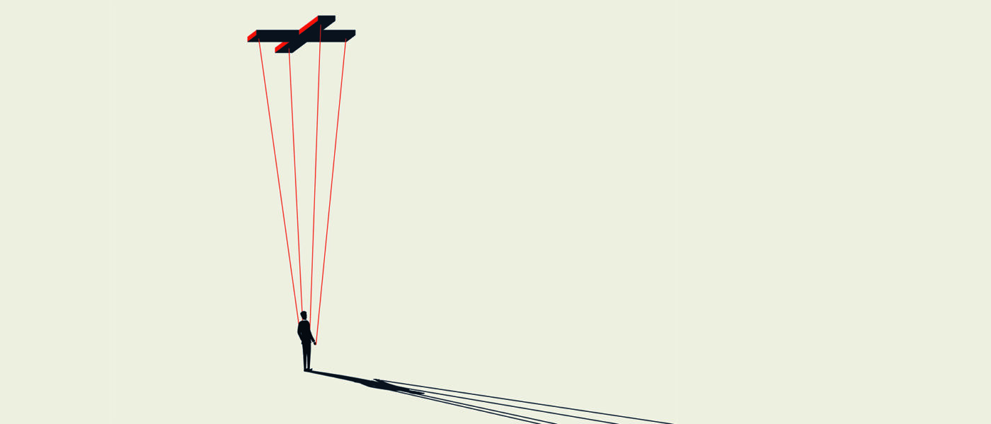 A vector image of a marionette rig attached to a shadowy figure of a man
