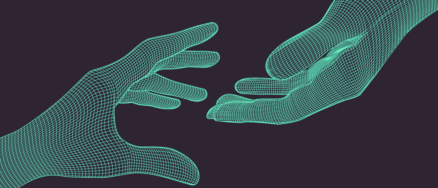 blue wireframe hands reaching for each other