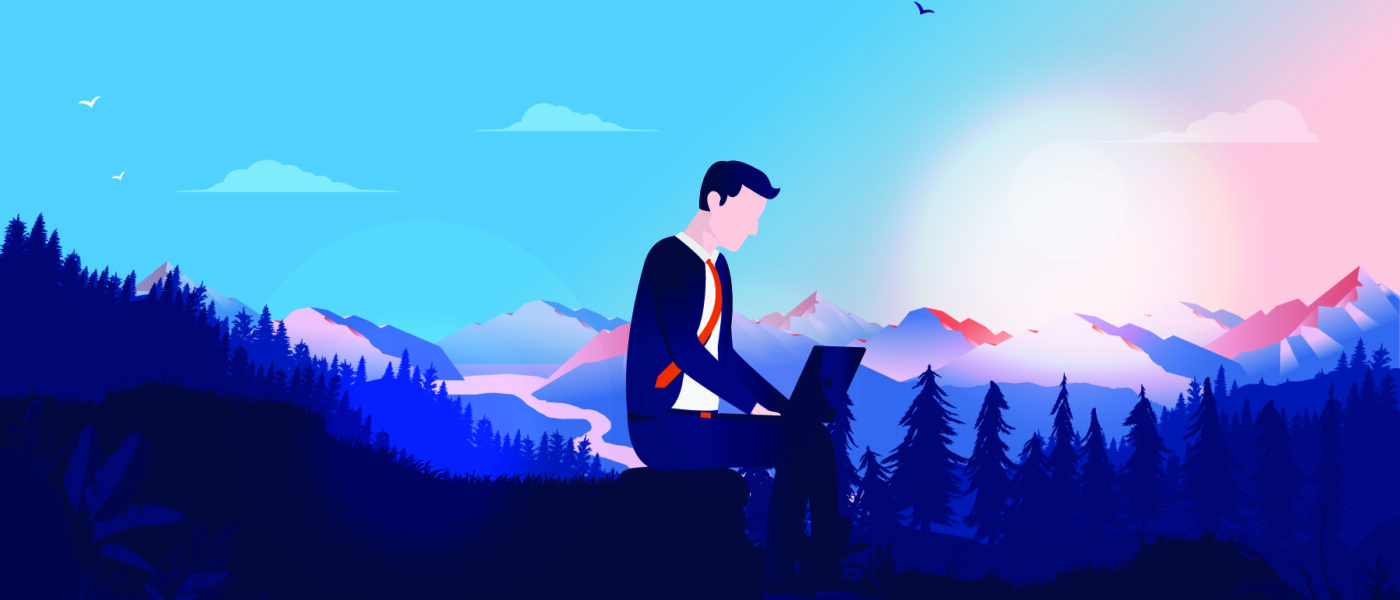 An illustration of a man, in a suit, sitting on the side of a mountain working on a laptop