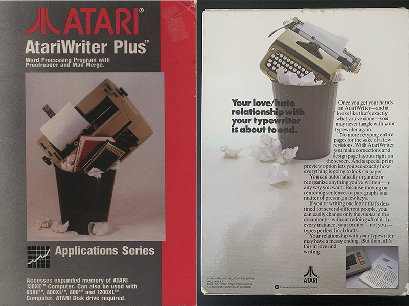 AtariWriter Plus box art and print advertisement