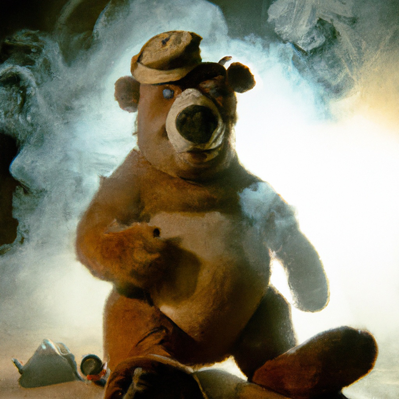 An AI-generated image of a stuffed bear in a hat, surrounded by smoke.