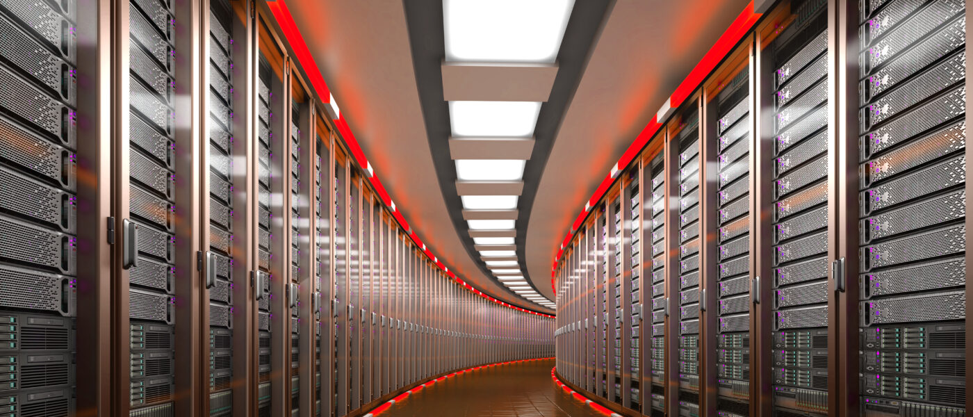 a hallway inside a futuristic data center with red lighting