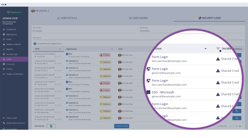 Auvik SaaS Management software interface showing shared accounts for better security