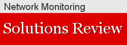 The words Network Monitoring in dark grey text on light grey background over the words Solutions Review in white text on red background