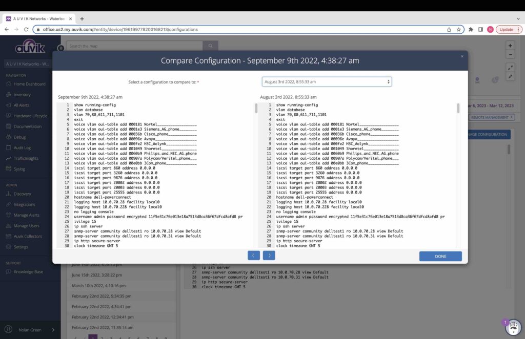 config comparison in auvik