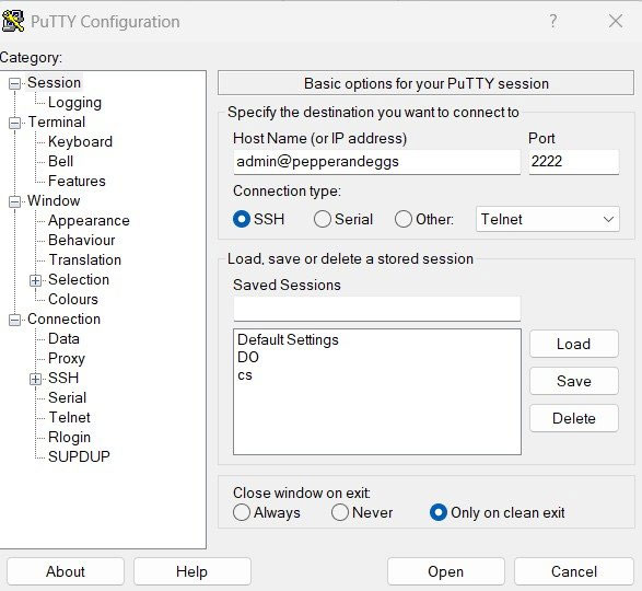 PuTTY configuration screenshot