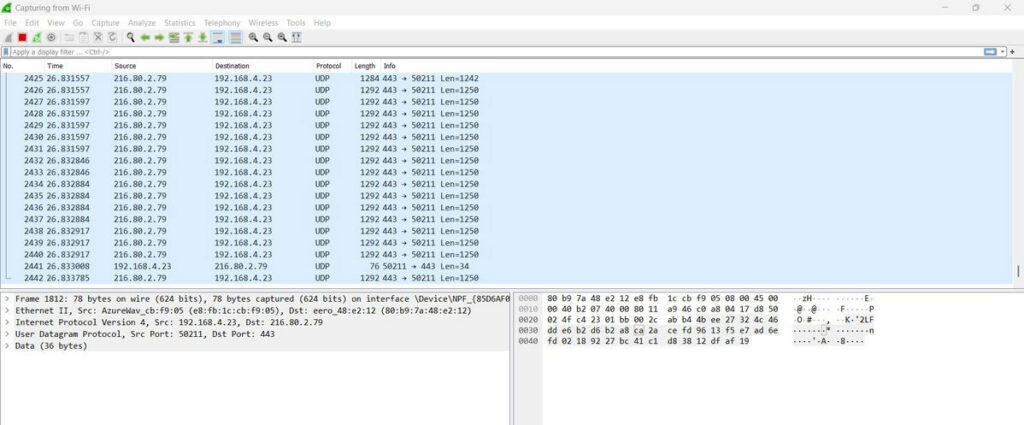 Wireshark captures traffic on a WiFi network interface